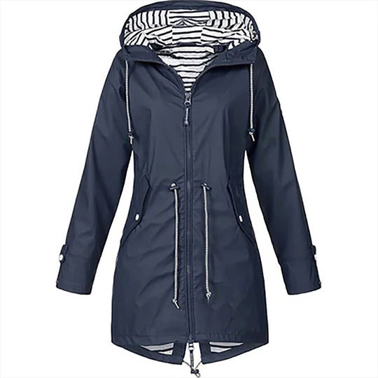 Women's long mackintosh raincoat in classic cut with adjustable hood and tailored waterproof fit