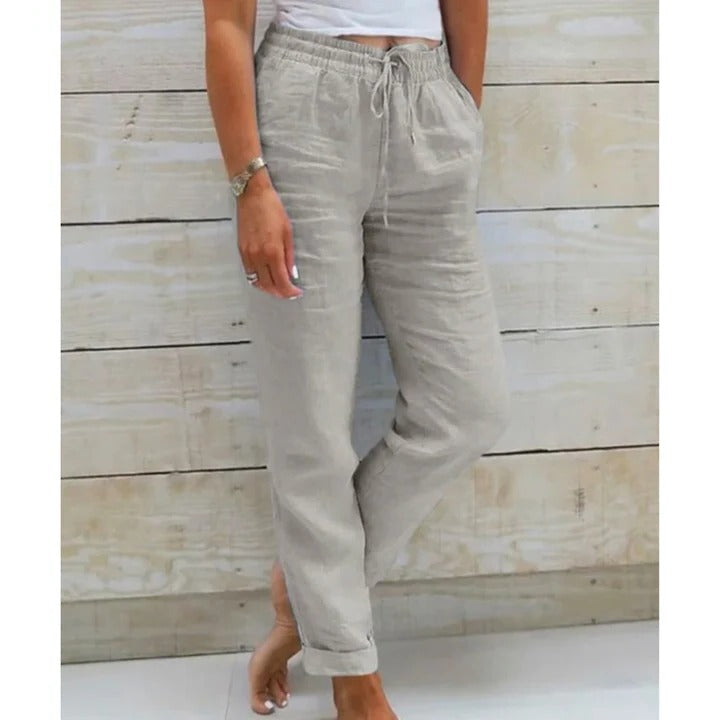 Women's relaxed straight-cut casual pants with adjustable drawstring waist for modern everyday comfort