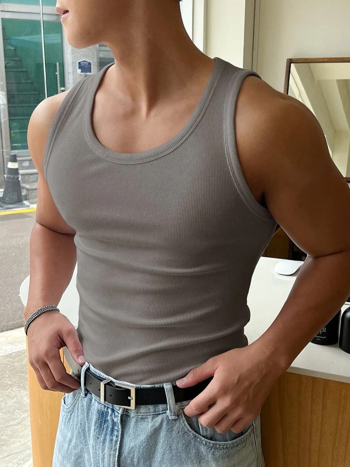 Ribbed slim-fit tank top in neutral tone, lightweight breathable stretch fabric for unisex daily wear