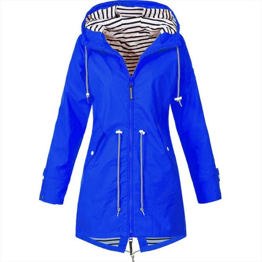 Women's long mackintosh raincoat in classic style with tailored fit and adjustable hood for full coverage