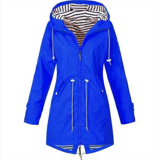 Women's long mackintosh raincoat in classic style with tailored fit and adjustable hood for full coverage