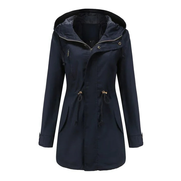 Long weatherproof Mackintosh raincoat structured fit urban commuter style extended below-hip length