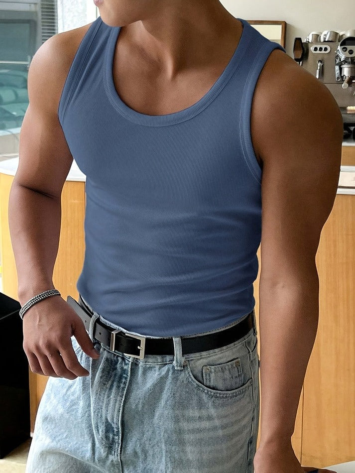 Ribbed slim-fit unisex tank top in neutral tone, lightweight breathable stretch fabric for layering