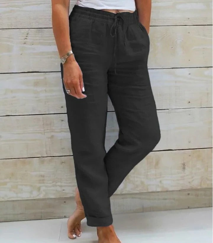 Women's relaxed straight-cut casual pants with adjustable drawstring waist for modern everyday comfort