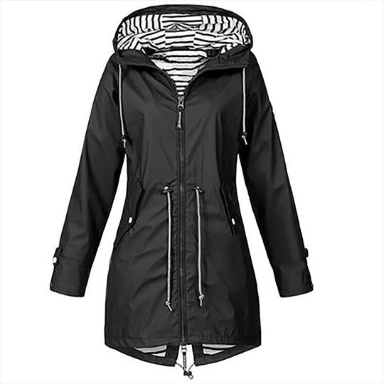 Women's long navy mackintosh raincoat tailored fit with adjustable hood, waterproof full coverage