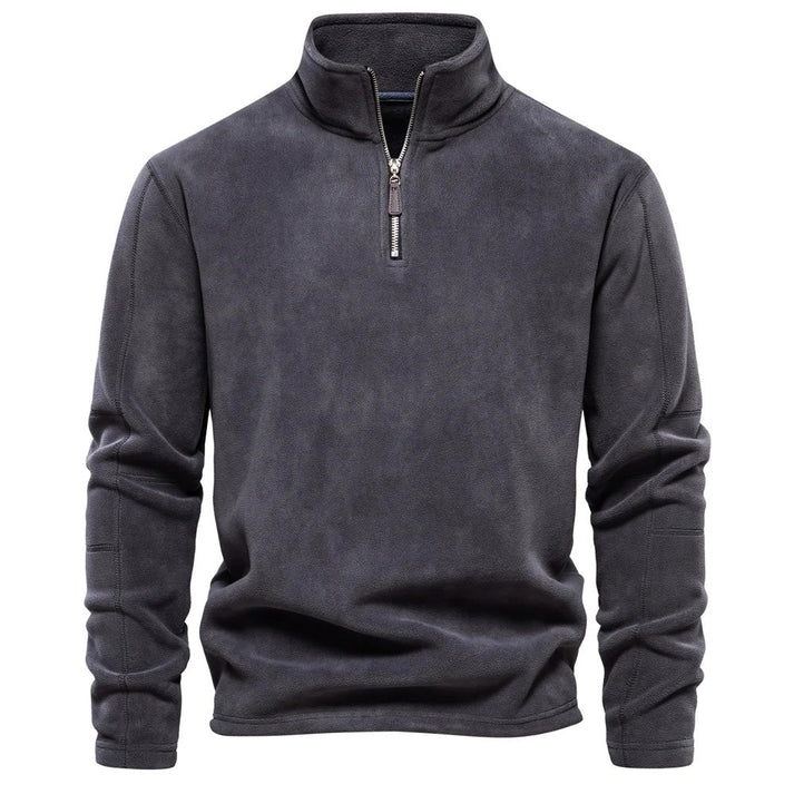 Men's gray half-zip fleece sweater with soft lightweight fabric and adjustable zip neckline