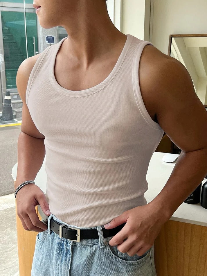 Beige ribbed tank top slim fit lightweight stretch unisex casual layering piece