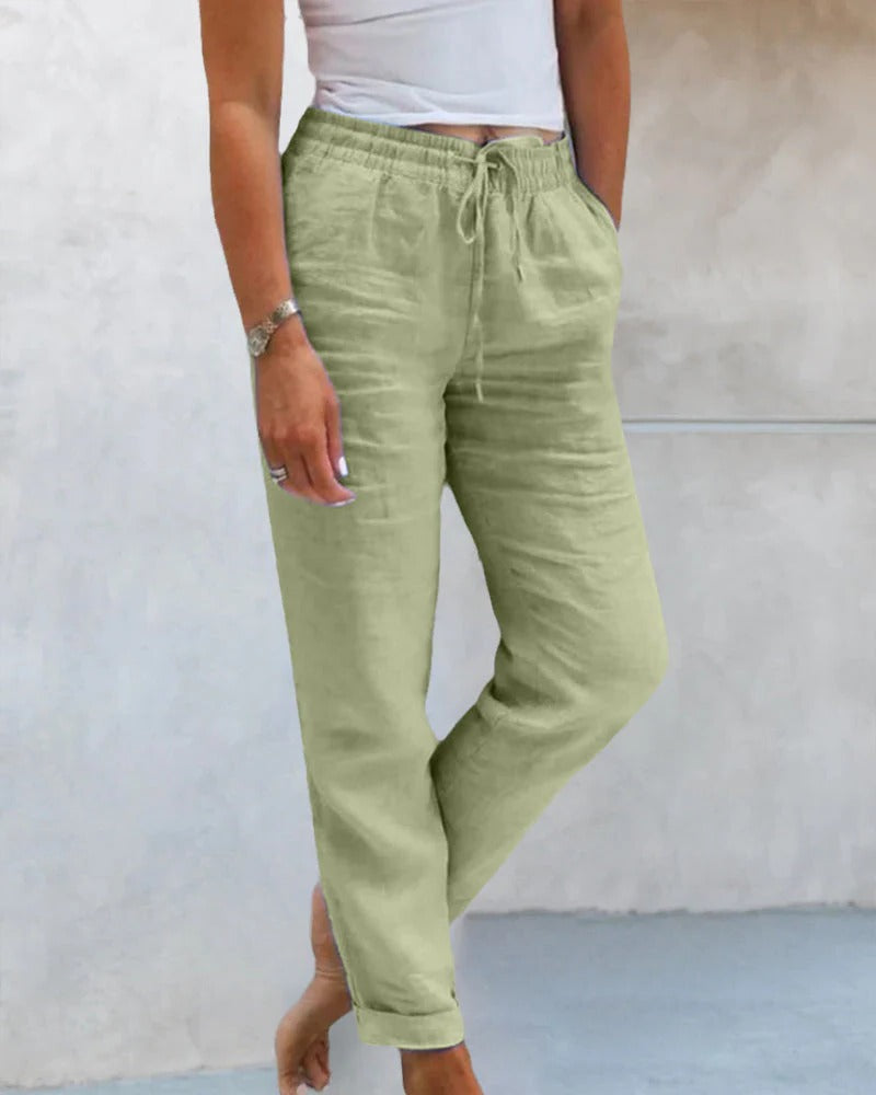 Women's relaxed straight-cut casual pants with adjustable drawstring waist for everyday modern style