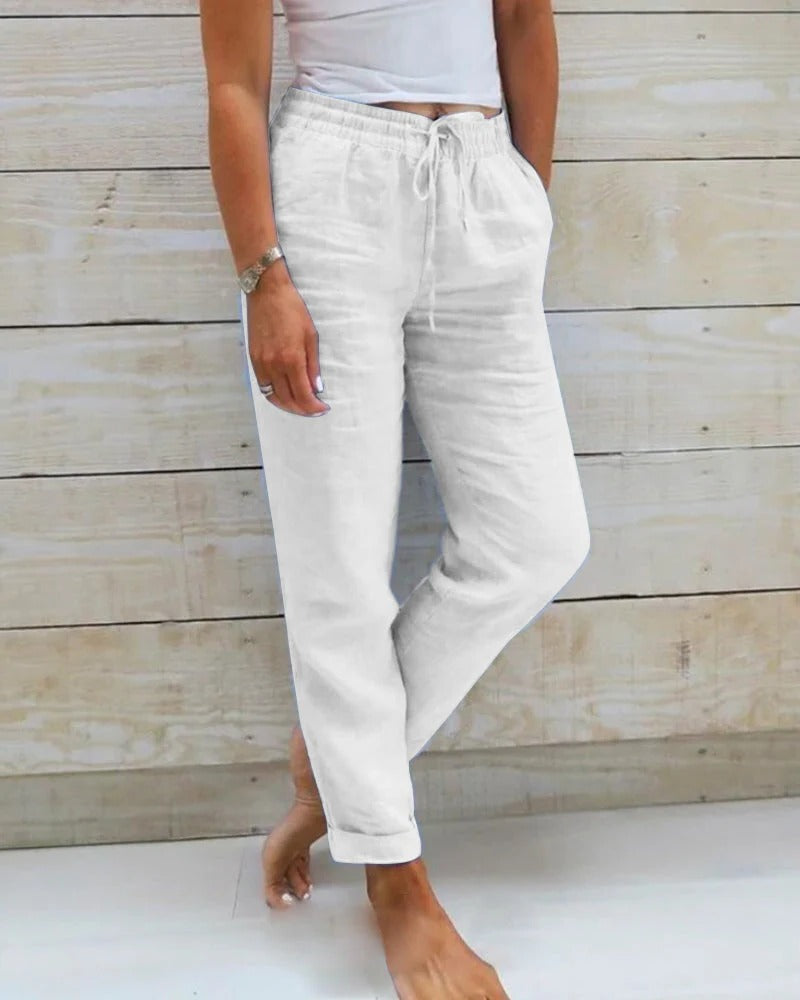 Women's relaxed straight-cut casual pants with adjustable drawstring waist for modern everyday comfort