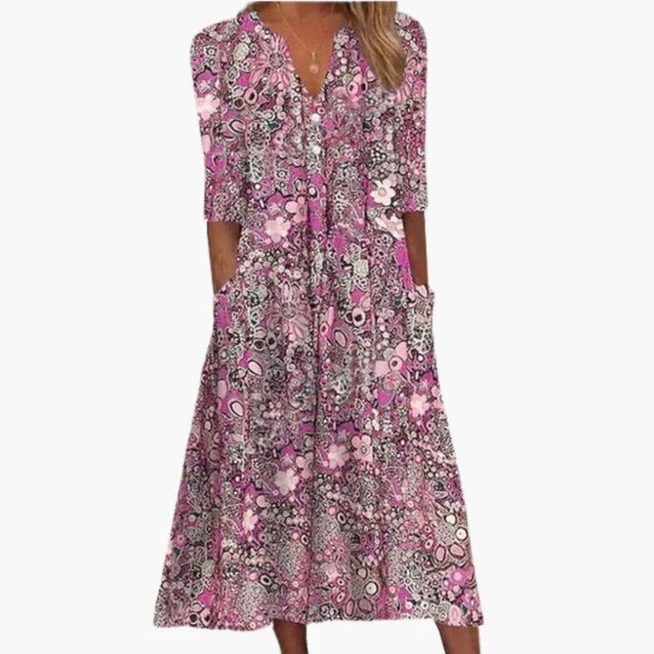 Women's boho midi dress flowing A-line silhouette breezy lightweight fabric versatile summer style