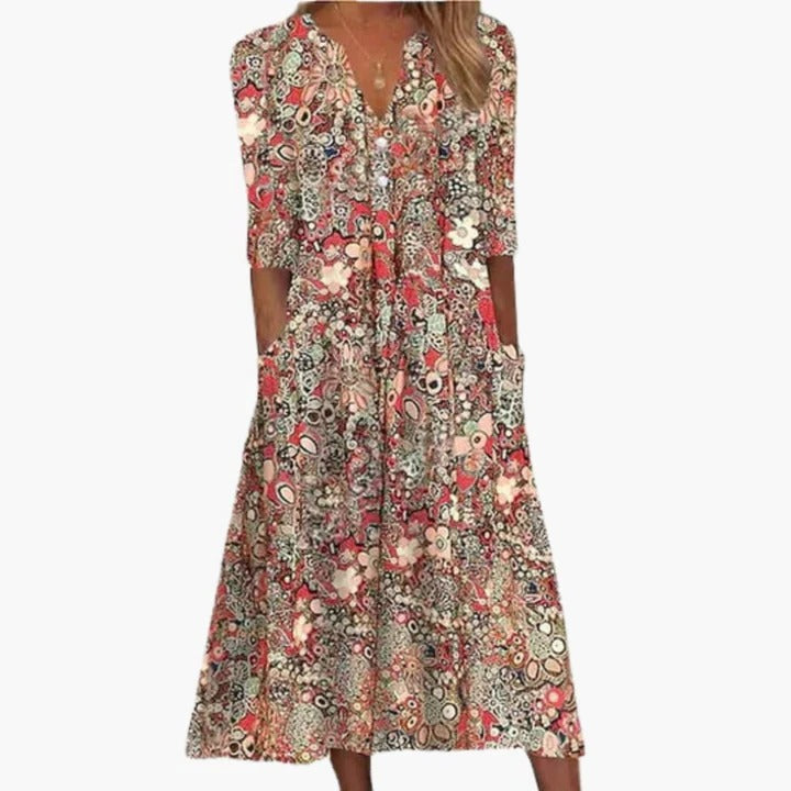 Women's boho midi dress flowing A-line silhouette breezy summer style free-spirited beach-to-evening wear