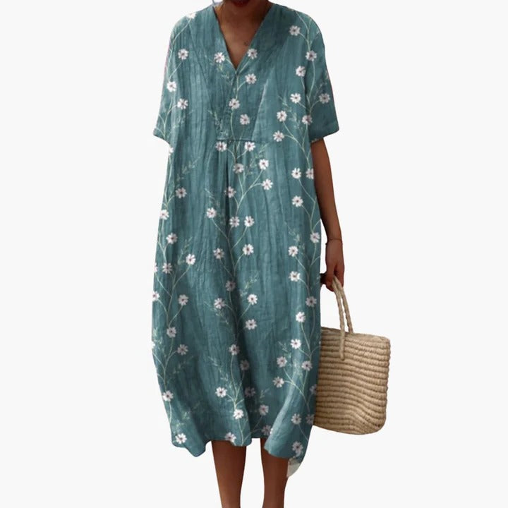 Floral print women's summer dress, relaxed loose fit, breathable midi length for everyday chic style
