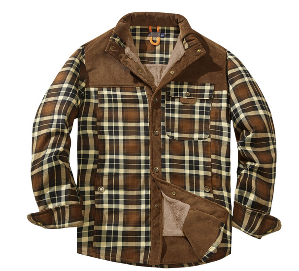 Men's plaid lumberjack jacket in red, green, or blue with weather-resistant rugged outdoor fit