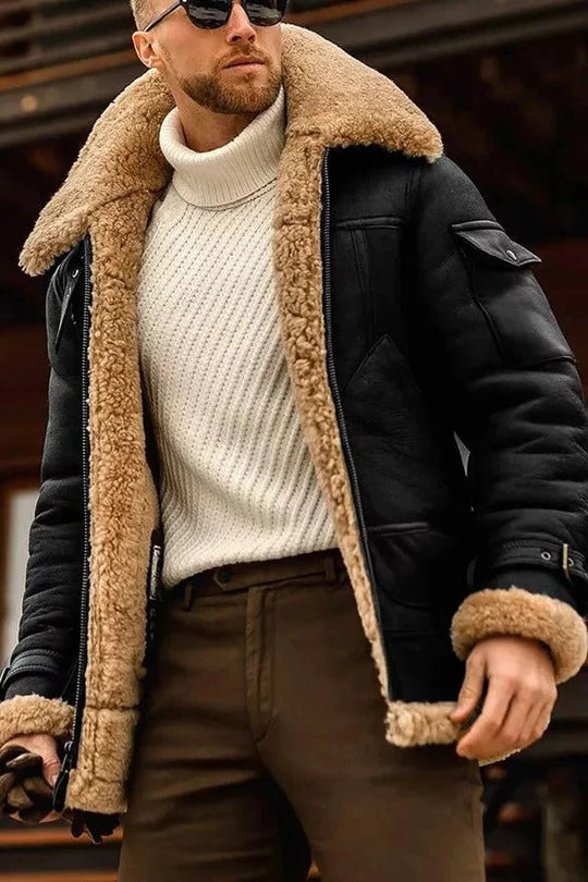 Men's camel insulated structured jacket with full-length zip closure for cold weather warmth