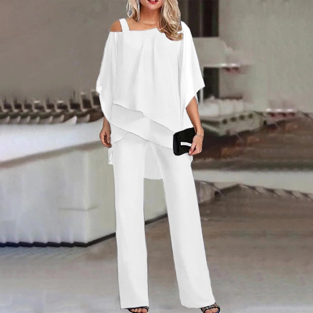 Women's open shoulder full-length jumpsuit, clean structured silhouette with subtle shoulder cutout