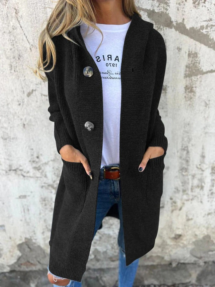 Women's long open-front knit cardigan in neutral tone, full-coverage everyday layer with polished drape