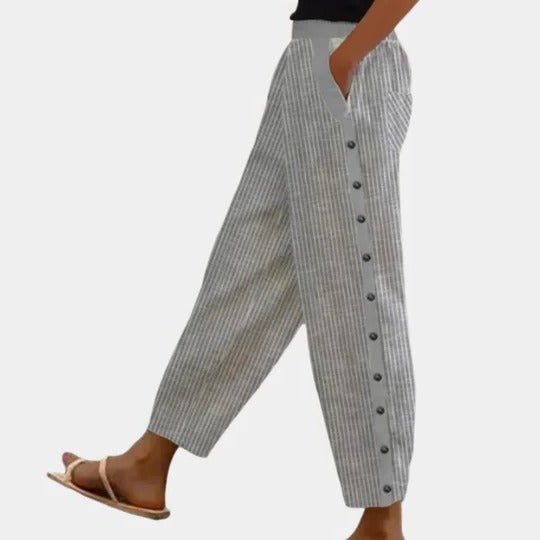 Women's straight-leg striped trousers with fixed waistband, versatile full-length everyday fit