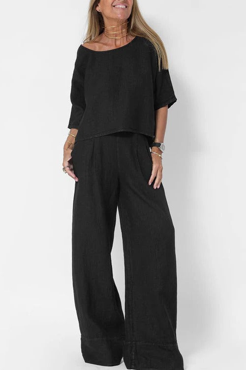 Women's beige cropped top and wide-leg high-waisted trousers two-piece set casual summer