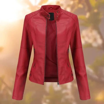 Black stand collar zip-up jacket with metallic details, structured silhouette for professional wear
