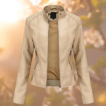 Black stand collar zip-up jacket with metallic detailing, structured silhouette for professional wear