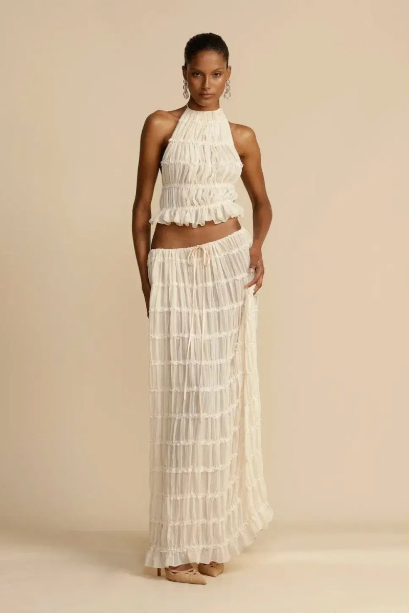 Women's halter neck ruffle top & long pleated skirt two-piece set elegant summer outfit