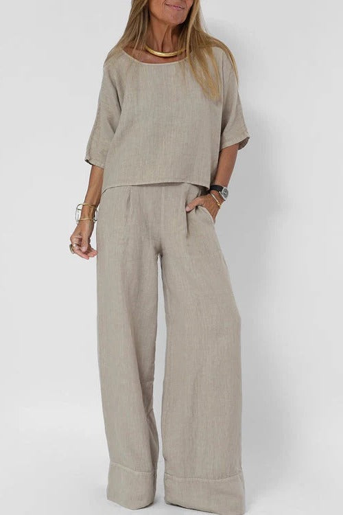 Women's cropped top wide-leg high-waisted trousers two-piece set breathable casual polished look