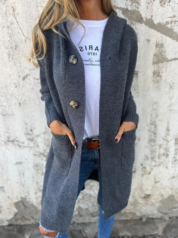 Women's long open-front knit cardigan in neutral tone, full-coverage everyday layer with polished drape