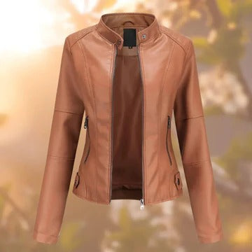 Black stand collar zip jacket with metallic details, structured silhouette for professionals