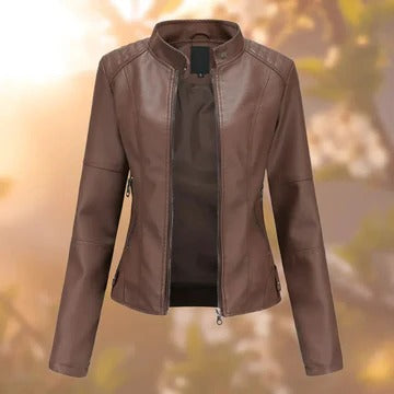 Black stand collar zip-up jacket with metallic accents, structured silhouette for professional wear
