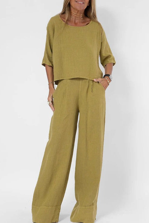 Women's cropped top wide-leg high-waisted trousers two-piece set breathable lightweight casual chic