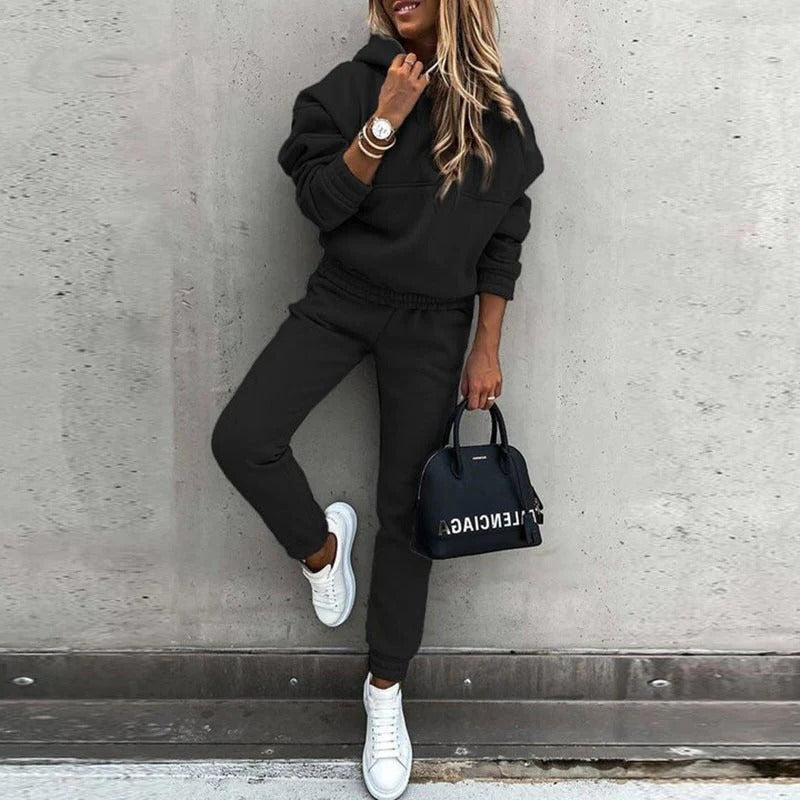 Heather gray oversized hoodie and slim tapered joggers lounge tracksuit set for travel comfort