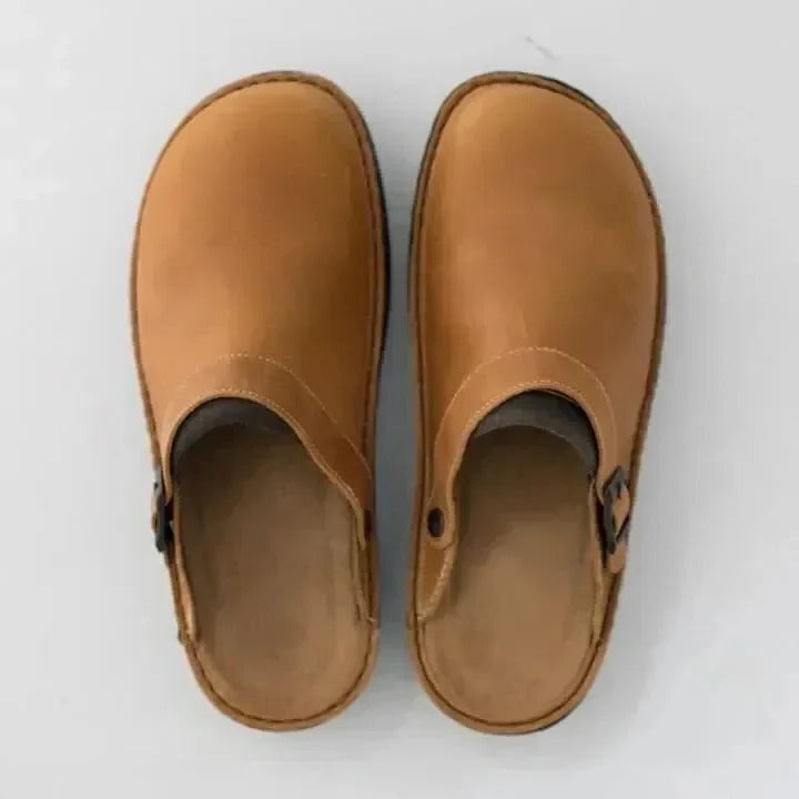 Men's brown leather slip-on mules with durable upper, versatile indoor outdoor everyday comfort footwear
