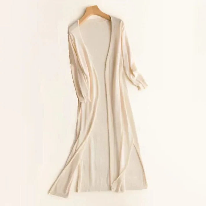 Women's elegant long cardigan neutral tone open-front layering piece for work and weekend outfits