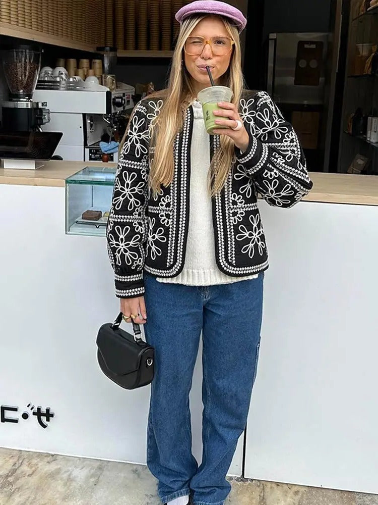 Women's bohemian pattern blazer with lantern sleeves, structured silhouette, and chic boho layering versatility
