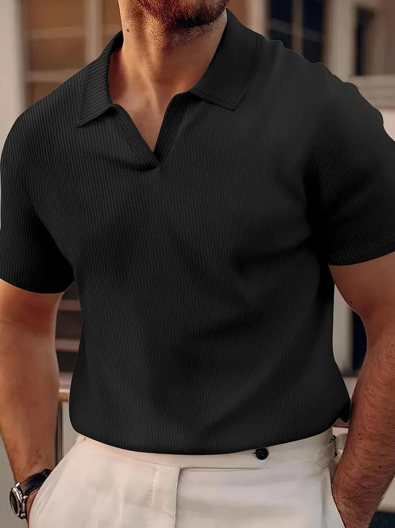 Men's light grey waffle knit polo shirt with textured fabric and classic relaxed fit for casual wear