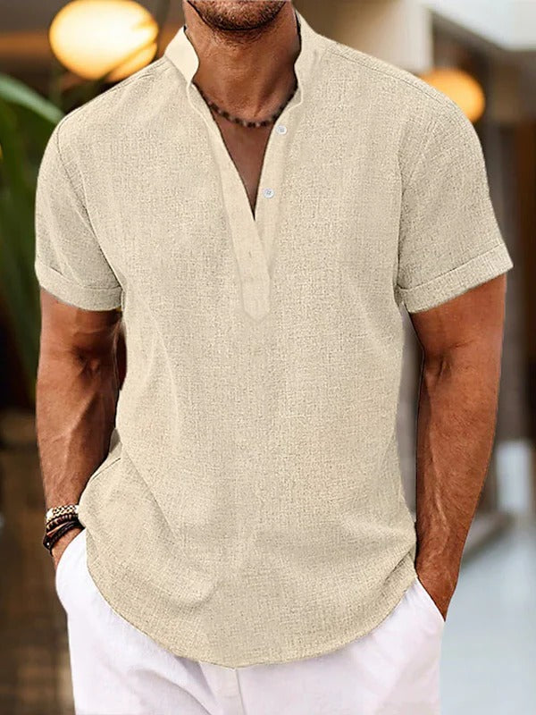 Men's short sleeve Henley shirt relaxed fit with button placket and mandarin collar everyday casual wear