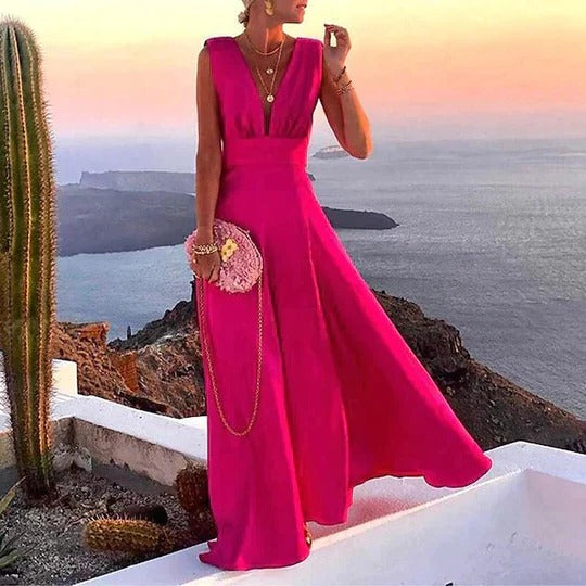 Women's sleeveless maxi dress low V-neck fitted waist floral print vacation style warm-weather getaway