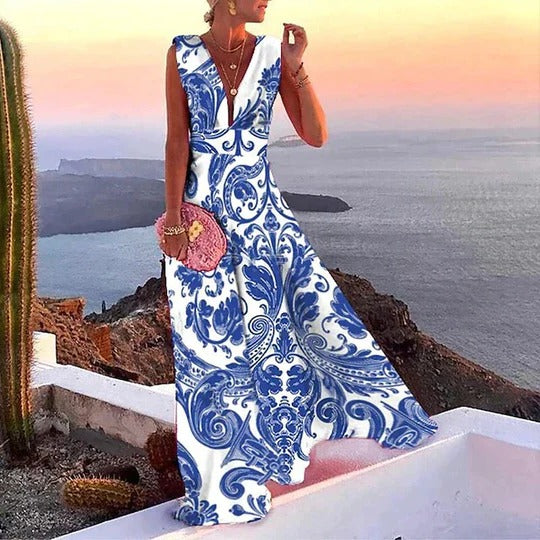 Women's sleeveless maxi dress low V-neck fitted waist floral print vacation style warm-weather getaway