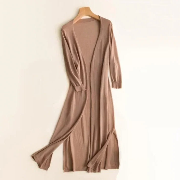Women's long cardigan elegant layering piece in neutral tones with timeless silhouette for work and weekend