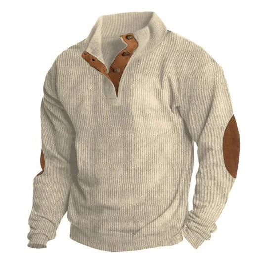 Men's neutral textured knit pullover sweater with stand collar and three-button front placket