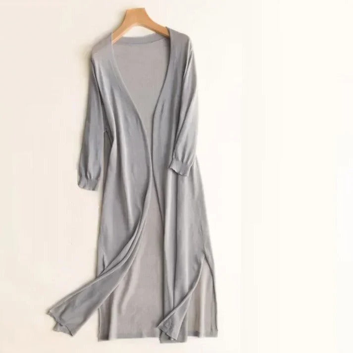 Women's long cardigan elegant slim silhouette lightweight breathable layering piece for work and weekend