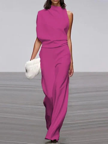 Women's wide-leg jumpsuit in elegant spring tones, flattering one-piece silhouette with relaxed drape