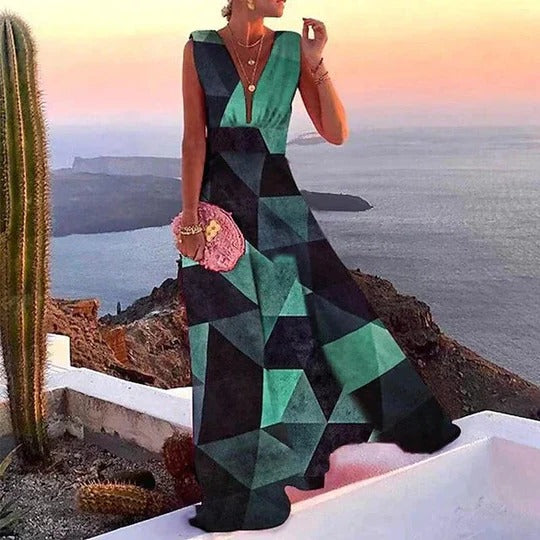 Women's sleeveless maxi dress low V-neck fitted waist floral print vacation style warm-weather getaway