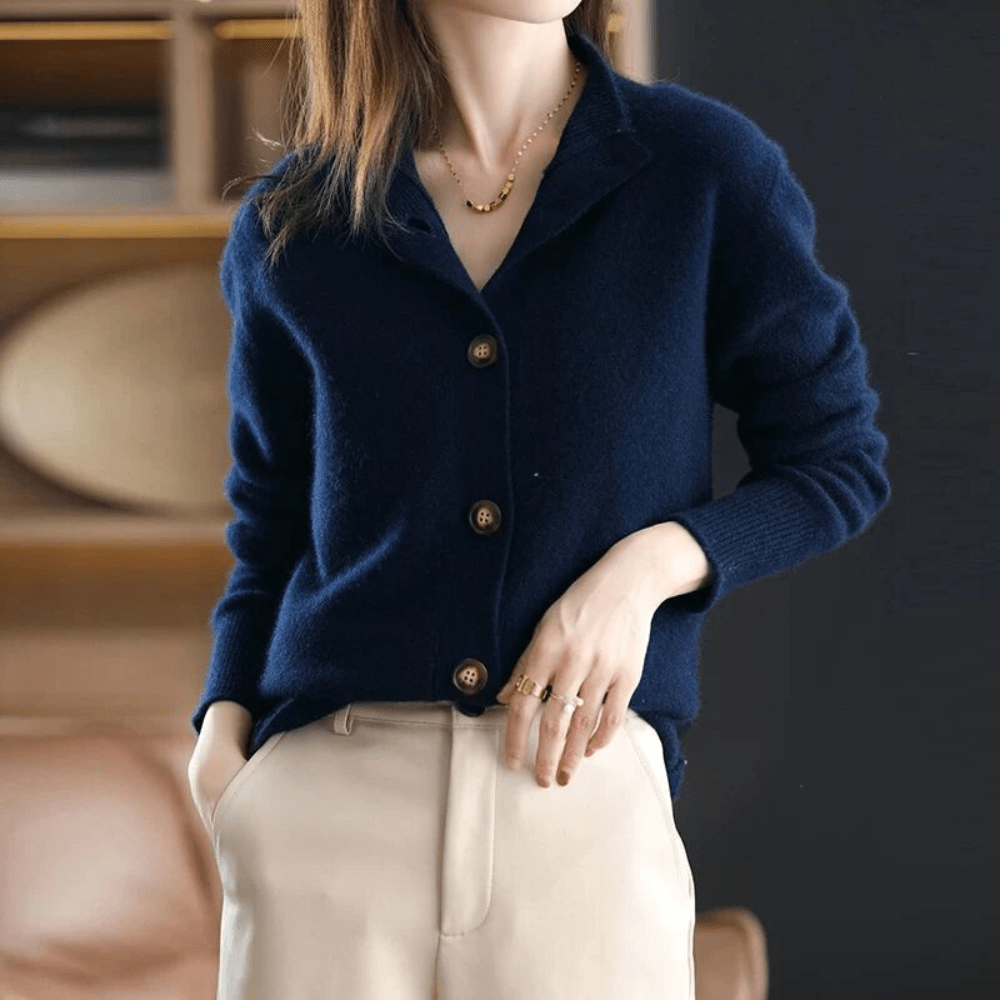 Women's winter button-front cardigan in classic tones, structured cozy fit for office layering