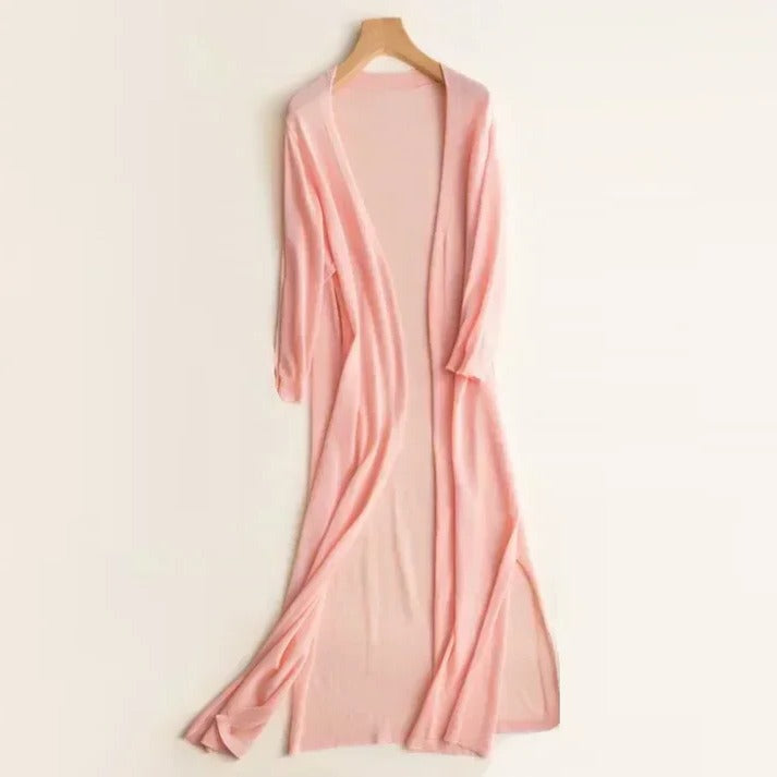 Women's long cardigan elegant open-front layering piece in neutral tones for work and weekend