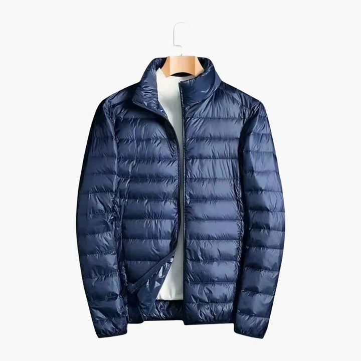 Men's slim-fit black ultra-lightweight puffer jacket with water-repellent finish for urban wear