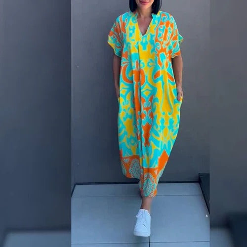 Women's maxi dress relaxed silhouette with botanical print, effortless everyday style