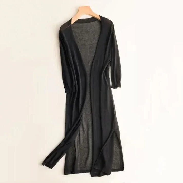 Women's long cardigan elegant lightweight layering piece in neutral tone for work and weekend wear