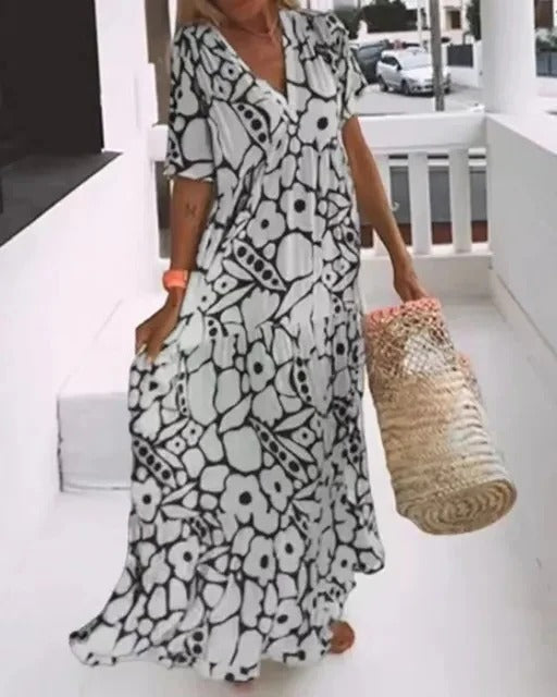 Women's printed long dress short sleeves relaxed fit flowing silhouette all-over pattern