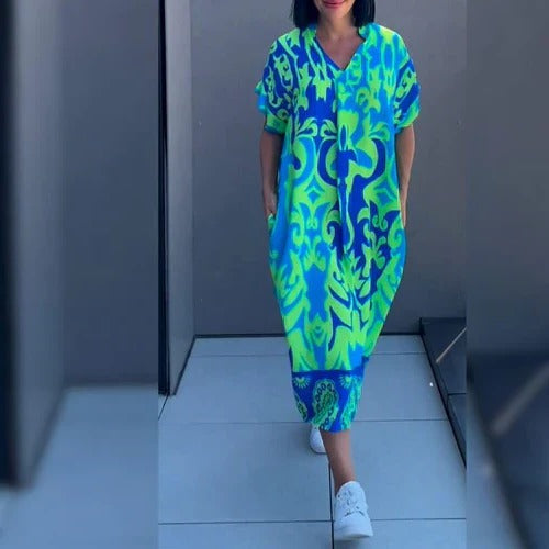 Women's maxi dress relaxed silhouette with botanical print, effortless everyday floral long dress